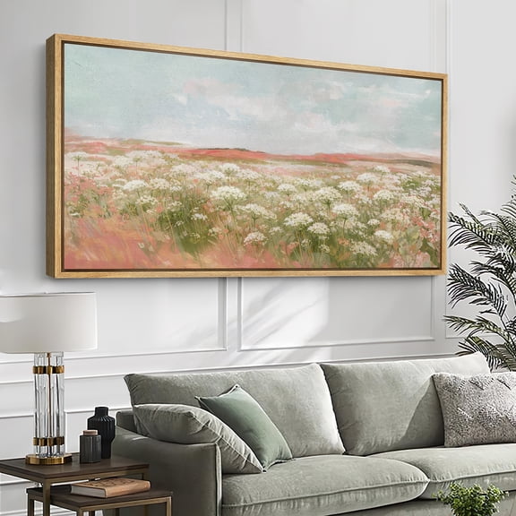 Large Framed Canvas Wall Art Print Wildflower Meadow Landscape in Soft Pastel Spring Colors for Living Room Decoration - 60"x30" Natural Frame