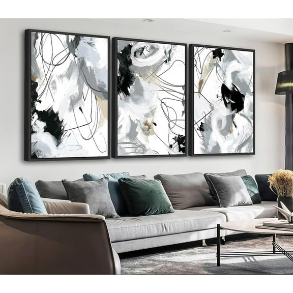 Large Framed Canvas Wall Art - Rustic Brown and White Abstract Pictures for Living Room Aesthetic Vintage Wall Decor Retro Prints for Bedroom Dinning Room Black Float Framed 16" X 24" X 3 pcs