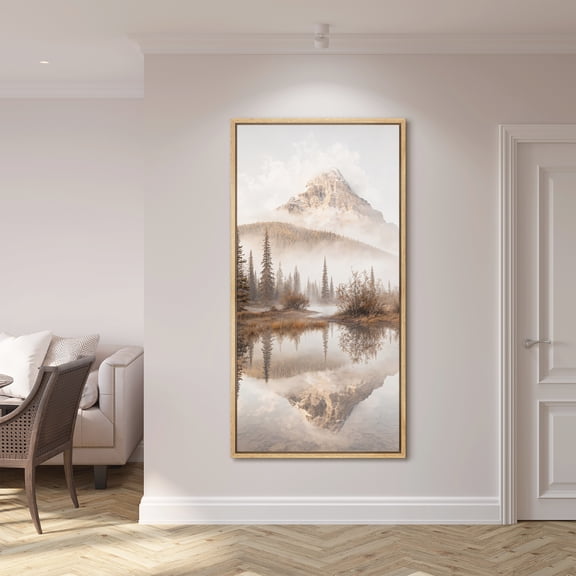 Large Framed Canvas Wall Art Rustic Mountain Forest Lake Reflection Landscape Print for Living Room Decoration - 60"x30" Natural Frame
