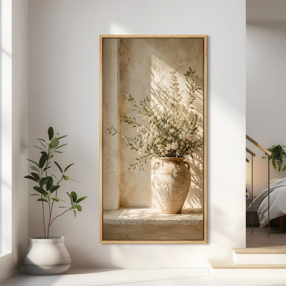 Large Framed Canvas Wall Art Rustic Olive Tree In Ceramic Vase Print for Living Room Decoration - 60"x30" Natural Frame