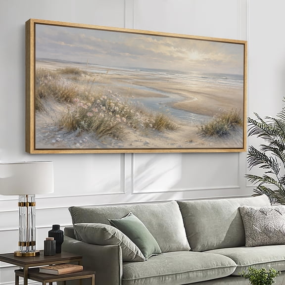 Large Framed Canvas Wall Art Serene Beach Grass Landscape Print for Living Room Decoration - 60"x30" Natural Frame