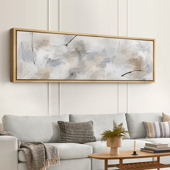Large Framed Canvas Wall Art Soft Gray Abstract With Minimal Brushstroke Print for Living Room Decoration - 60"x20" Natural Frame