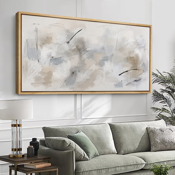 Large Framed Canvas Wall Art Soft Gray Abstract With Minimal Brushstroke Print for Living Room Decoration - 60"x30" Natural Frame