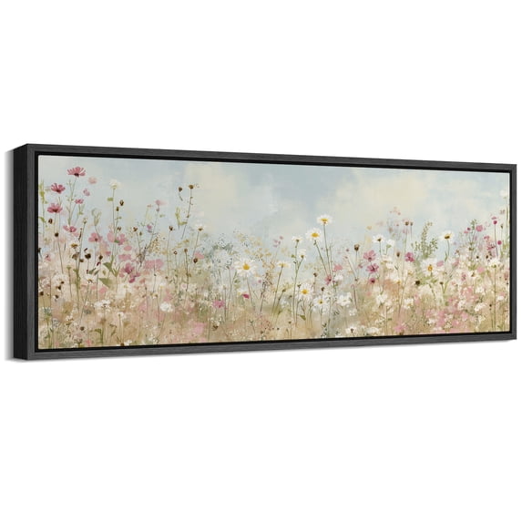 Large Framed Canvas Wall Art Summer Wildflowers Field Landscape Print for Living Room Decoration - 60"x20" Black Framed