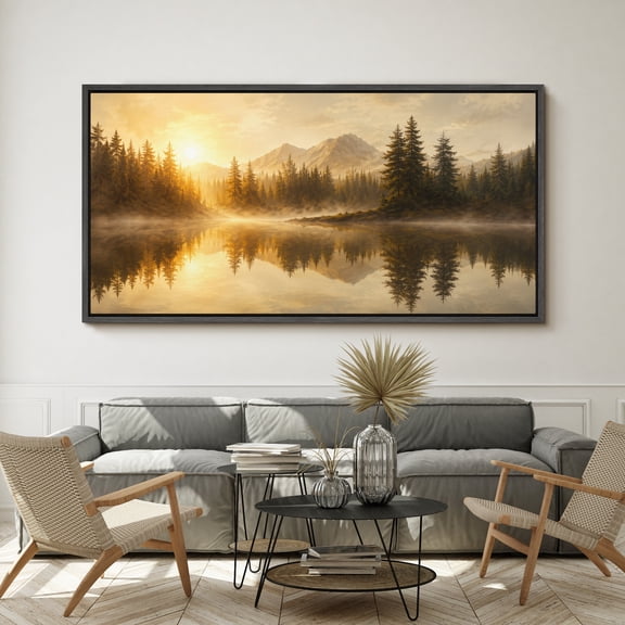 Large Framed Canvas Wall Art Sunrise Mountain Lake Forest Print for Living Room Decoration - 60"x30" Black Frame