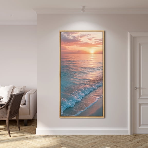 Large Framed Canvas Wall Art Sunset Ocean Wave Seascape Print for Living Room Decoration - 60"x30" Natural Frame