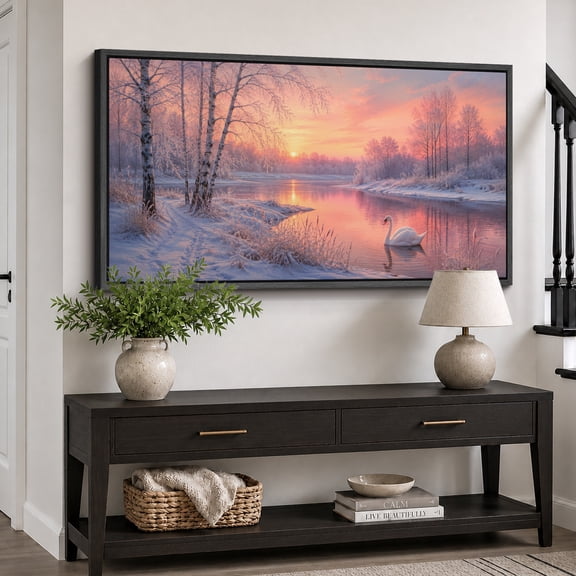 Large Framed Canvas Wall Art Swan Lake Winter Sunset Landscape Print for Living Room Decoration - 60"x30" Black Frame