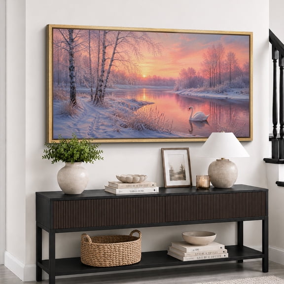 Large Framed Canvas Wall Art Swan Lake Winter Sunset Landscape Print for Living Room Decoration - 60"x30" Natural Frame