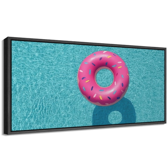 Large Framed Canvas Wall Art Swimming Ring on Pool Summer Print for Living Room Decoration - 60"x30" Black Framed