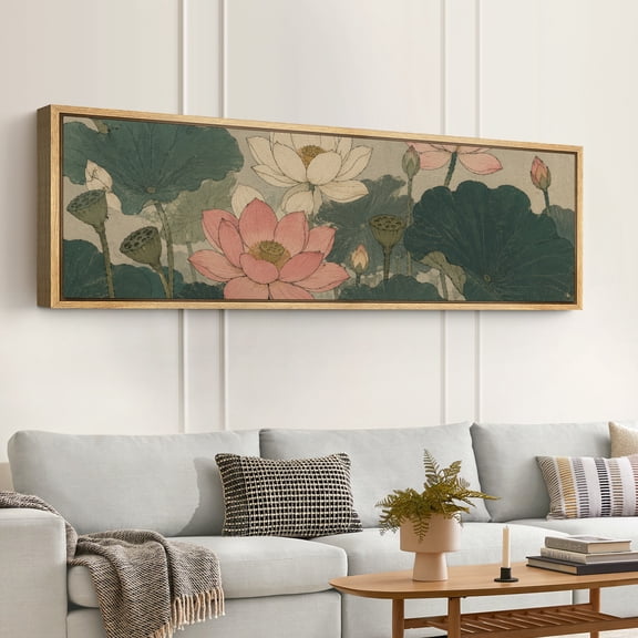 Large Framed Canvas Wall Art Traditional Chinese Lotus Floral Print for Living Room Decoration - 60"x20" Natural Frame
