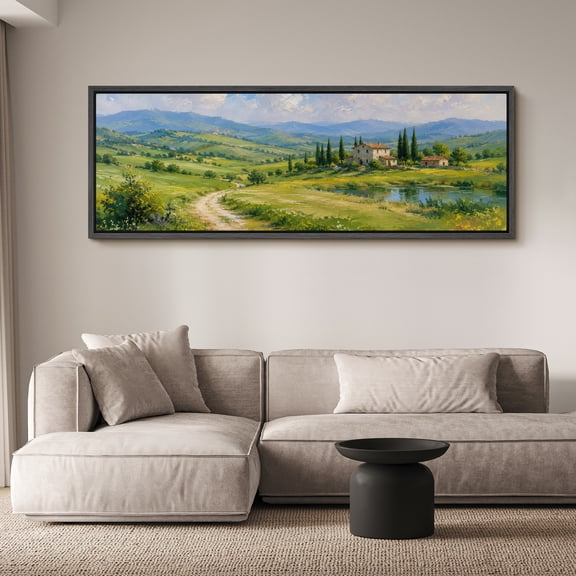 Large Framed Canvas Wall Art Tuscan Countryside Farmhouse Scenery Print for Living Room Decoration - 60"x20" Black Frame