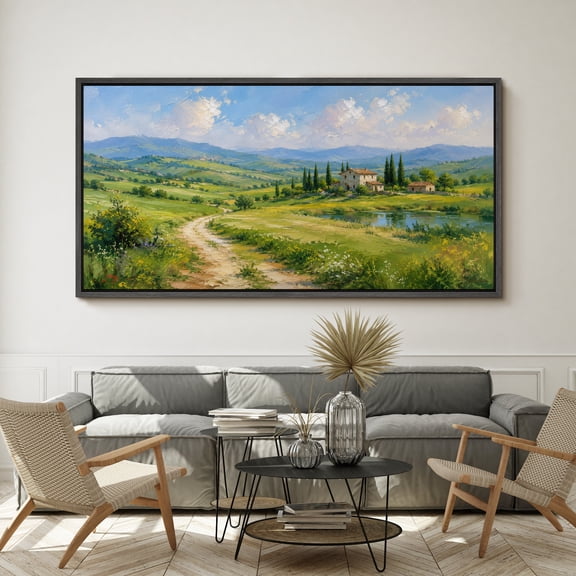 Large Framed Canvas Wall Art Tuscan Countryside Farmhouse Scenery Print for Living Room Decoration - 60"x30" Black Frame