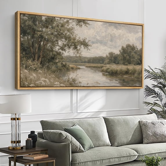 Large Framed Canvas Wall Art Vintage Country Landscape Print for Living Room Decoration - 60"x30" Natural Frame