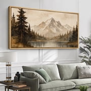Large Framed Canvas Wall Art Vintage Mountain Forest Landscape Print for Living Room Decoration - 60x30 Natural Frame