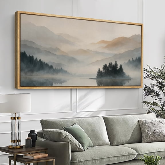 Large Framed Canvas Wall Art Vintage Mountain Lake Landscape Print for Living Room Decoration - 60"x30" Natural Frame