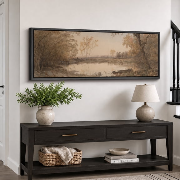 Large Framed Canvas Wall Art Vintage River Woodland Landscape Print for Living Room Decoration - 60"x20" Black Frame