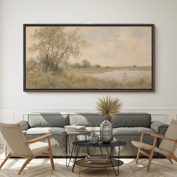 Large Framed Canvas Wall Art Vintage Riverside Tree Landscape Print for Living Room Decoration - 60"x30" Black Frame