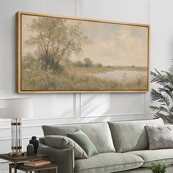 Large Framed Canvas Wall Art Vintage Riverside Tree Landscape Print for Living Room Decoration - 60"x30" Natural Frame
