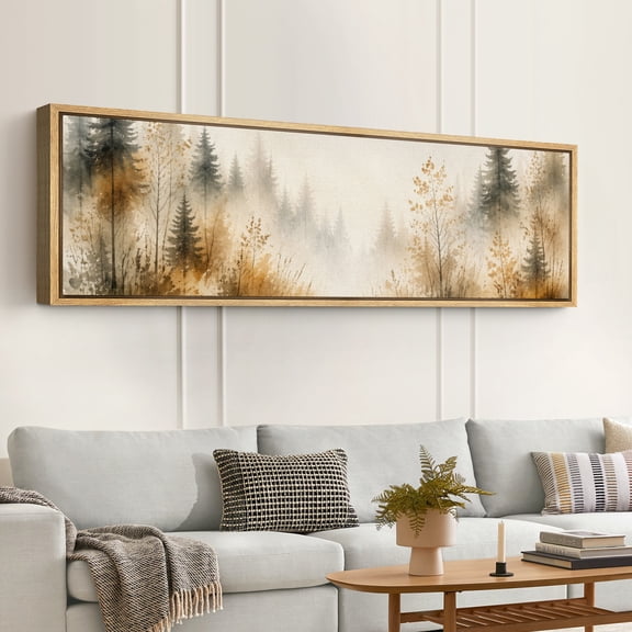 Large Framed Canvas Wall Art Watercolor Misty Fall Pine Forest Woodland Scene Print for Living Room Decoration - 60"x20" Natural Frame