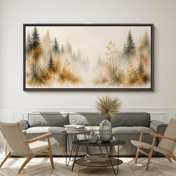 Large Framed Canvas Wall Art Watercolor Misty Fall Pine Forest Woodland Scene Print for Living Room Decoration - 60"x30" Black Frame