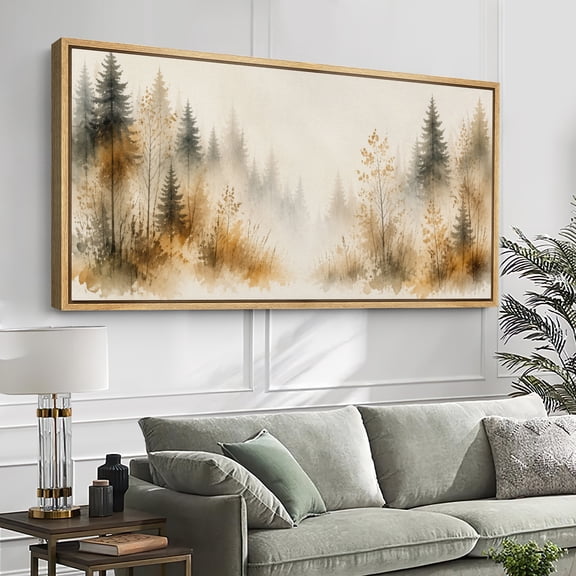 Large Framed Canvas Wall Art Watercolor Misty Fall Pine Forest Woodland Scene Print for Living Room Decoration - 60"x30" Natural Frame