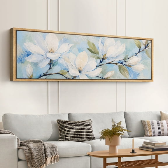 Large Framed Canvas Wall Art White Magnolia Branches Botanical Print for Living Room Decoration - 60"x20" Natural Frame