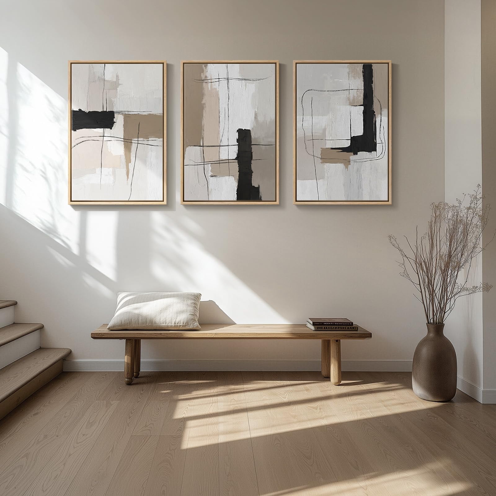 Large Framed Neutral Abstract Wall Art Set Of 3 Modern Black And White ...