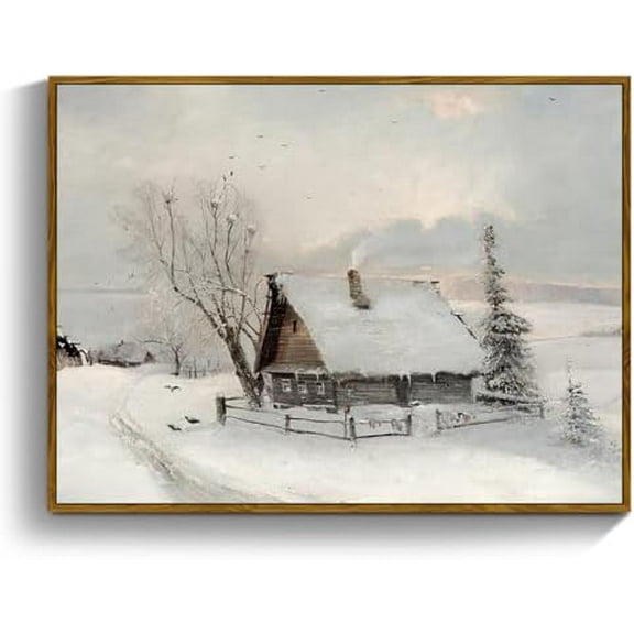 Large Framed Wall Art, Winter Landscape Vintage Decor Painting, Retro Snowy Cabin Canvas Prints, Country Nature Scenery Pictures Wall Decor Living Room Bedroom, Rustic Farmhouse Artwork 24x36in