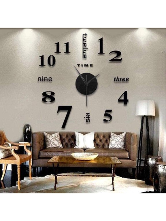 Large Frameless DIY Wall Mute Clock, Usupdd Self-Adhesive Mirror Sticker Clock for Home Office, 12-Hour Display Stainless Steel EVA Foam Clock Decor for Living Room, Black