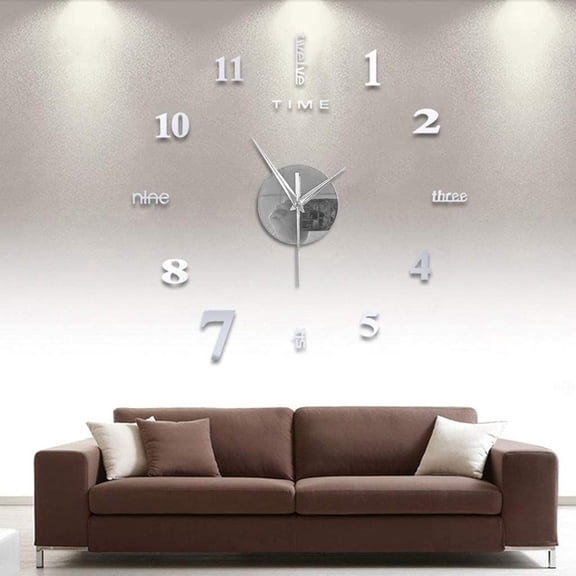 Large Frameless DIY Wall Mute Clock, Usupdd Self-Adhesive Mirror Sticker Clock for Home Office, 12-Hour Display Stainless Steel EVA Foam Clock Decor for Living Room, Silver