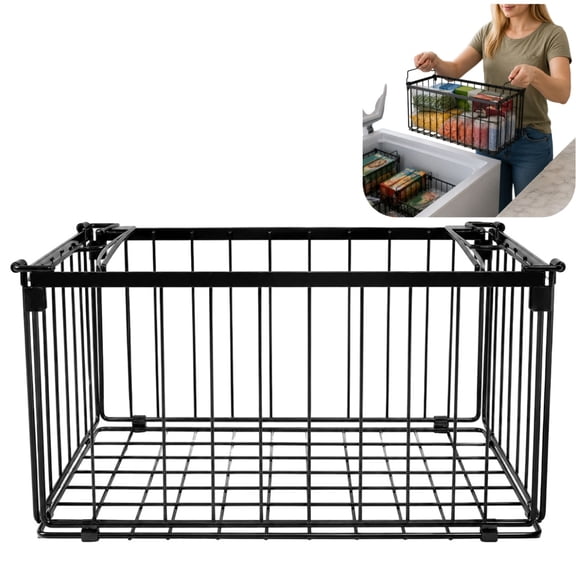 Large Freezer Organizer Bins,4 to 8 Cu.Ft Freezer Organizer Bins, Stackable Foldable Baskets with Handles, Black Storage Container Baskets for Sort Frozen Meats