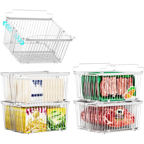 Large Freezer Organizer Bins,Upgraded Bottom Leak-Proof net,Fit 5 to 9 Cu Ft Chest Freezer,5 Pack, Expandable Stackable Chest Freezer Containers with Handle (White-5P)