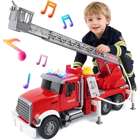 YCFUN large Fire Truck Toy for Kids, Fire Engine Toy with Lights & Sounds, 17" Extendable Ladder & Working Water Pump, Birthday Gift for Boys