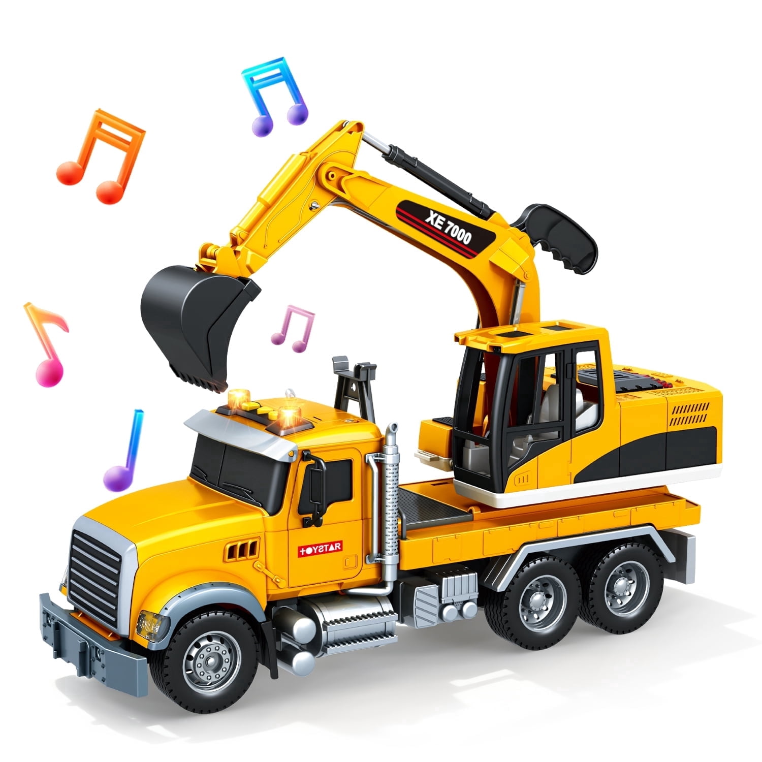 YCFUN Toy Excavator for Kids with Lights and Sounds, Push and Go Digger Truck with 360 Rotating Cabin & Arm, Excavator Toy for Boys Girls Ages 3+