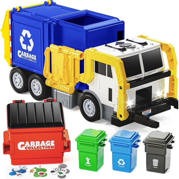 Large Friction Powered Garbage Truck Toy Set, Includes 1 Dumpster, 3 Trash Bins, and 30 Learning Cards for Kids, Boy Toys Birthday Gift