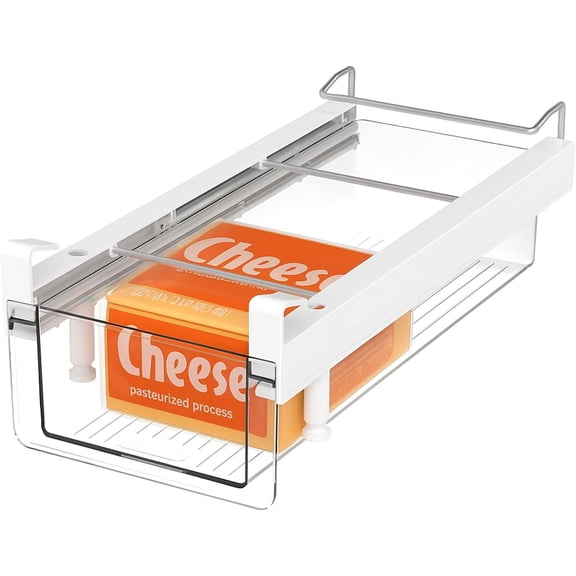 Large Fridge Under Shelf Drawer, Pull Out Refrigerator Drawer Organizer Fridge Organizer Bins, Fridge Storage Container Holder for Produce, Deli Meat, Cheese, Bacon, Easy to Install-L