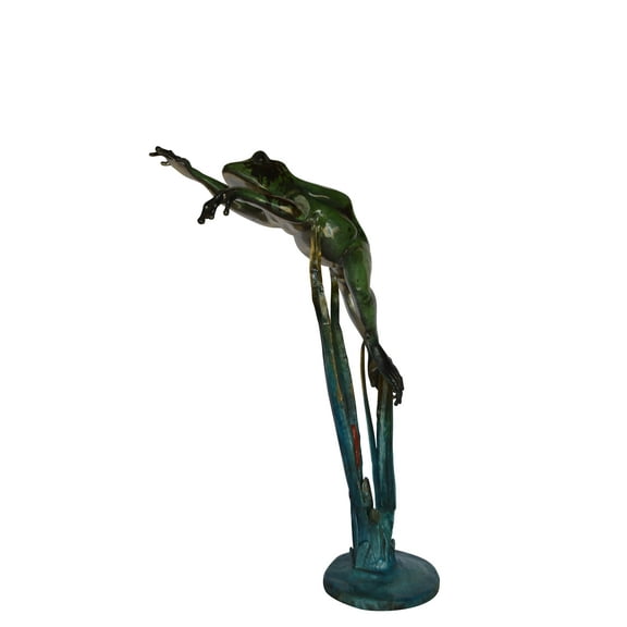 Large Frog Jumping Forward Bronze Statue on Marble - Size: 25"L x 15"W x 36"H.
