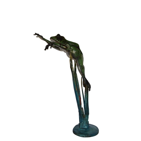 Nifao Large Frog Jumping Forward Bronze Statue on Marble, Home Decor Sculpture, 25"L x 15"W x 36"H
