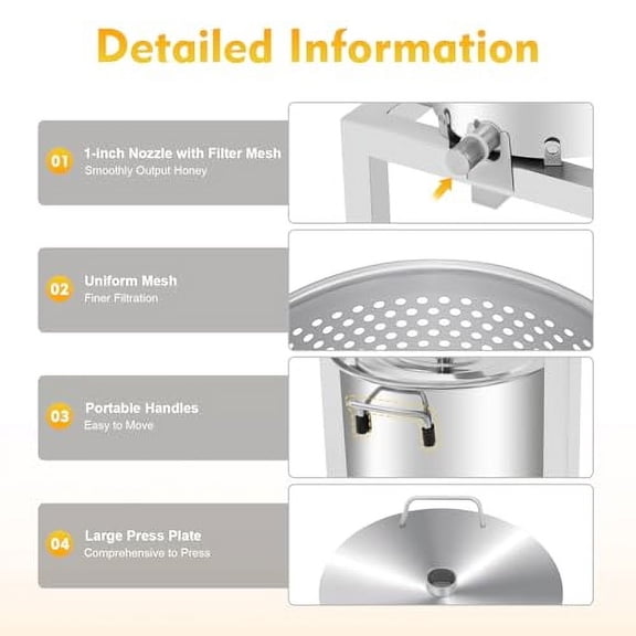 Large Fruit Honey Presser Manual Beeswax Extractor Beekeeping Machine 10L/2.6gal Stainless Steel Barrels Press Cider Press for Wine and Juice Making