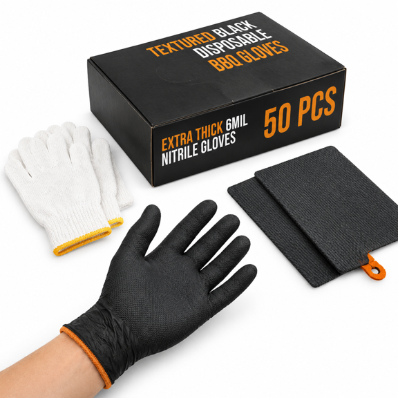 Large Full Palm & Finger Texture Black Disposable BBQ Grill Gloves Kit with 2 Reusable Liners