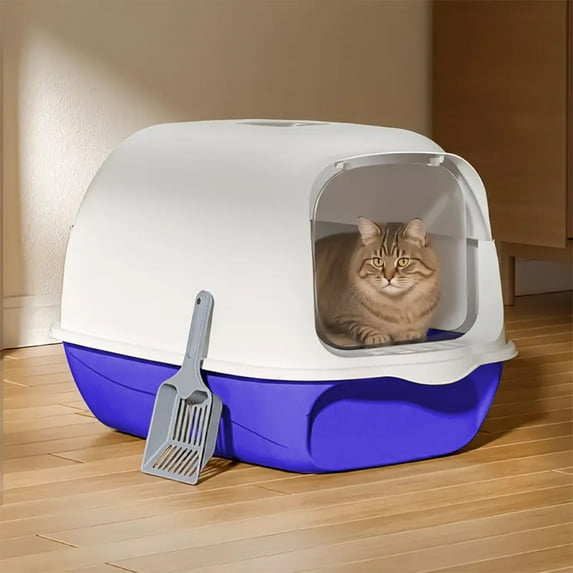 Large Fully Enclosed Cat Litter Box with Odor-Proof Lid and Non-Slip Bottom Mat, Covered Litter Box, Cat Toilet, 1-Piece Splash-Proof Plastic Private Space with Observation Window