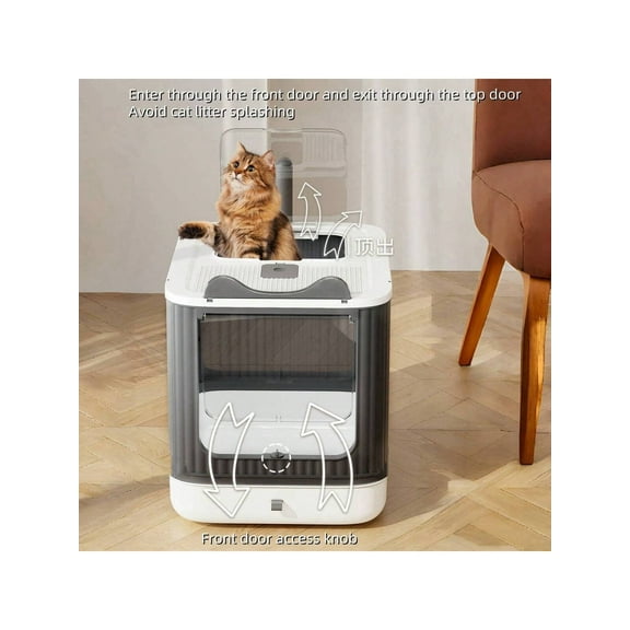 Large Fully Enclosed Drawer-Style Plastic Litter Box with Top Door and Front Door, White