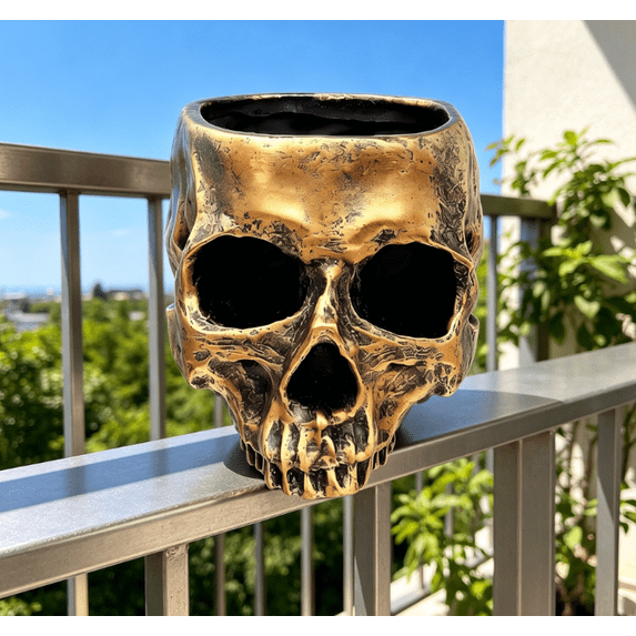 Large Funny Resin Skull Flower Pot Planter Container, Open Skeleton Shaped Head Bone Candy Bowl Flowerpot Props Home Office Desk Decor Halloween Statue Sculpture Decoration (Gold)