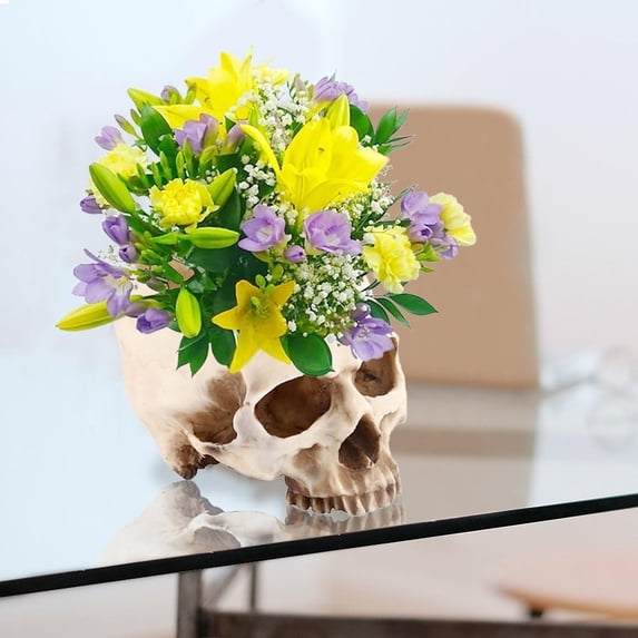 Large Funny Resin Skull Flower Pot Planter Container, Open Skeleton Shaped Head Bone Candy Bowl Flowerpot Props Home Office Desk Decor Halloween Statue Sculpture Decoration (White)