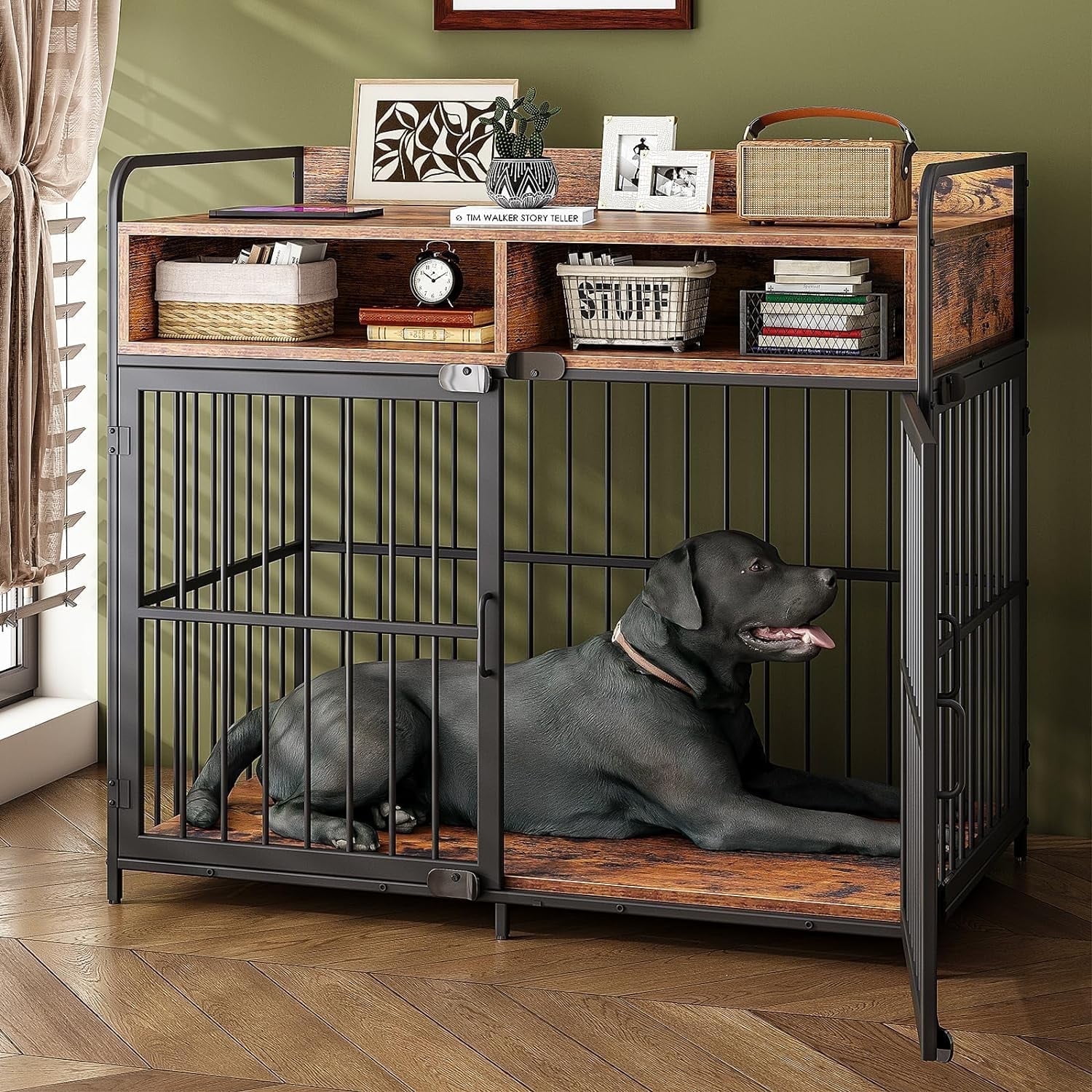 Large Furniture Dog Crate, Dog Kennel Indoor, Wood Dog Cage Table with Drawers Storage
