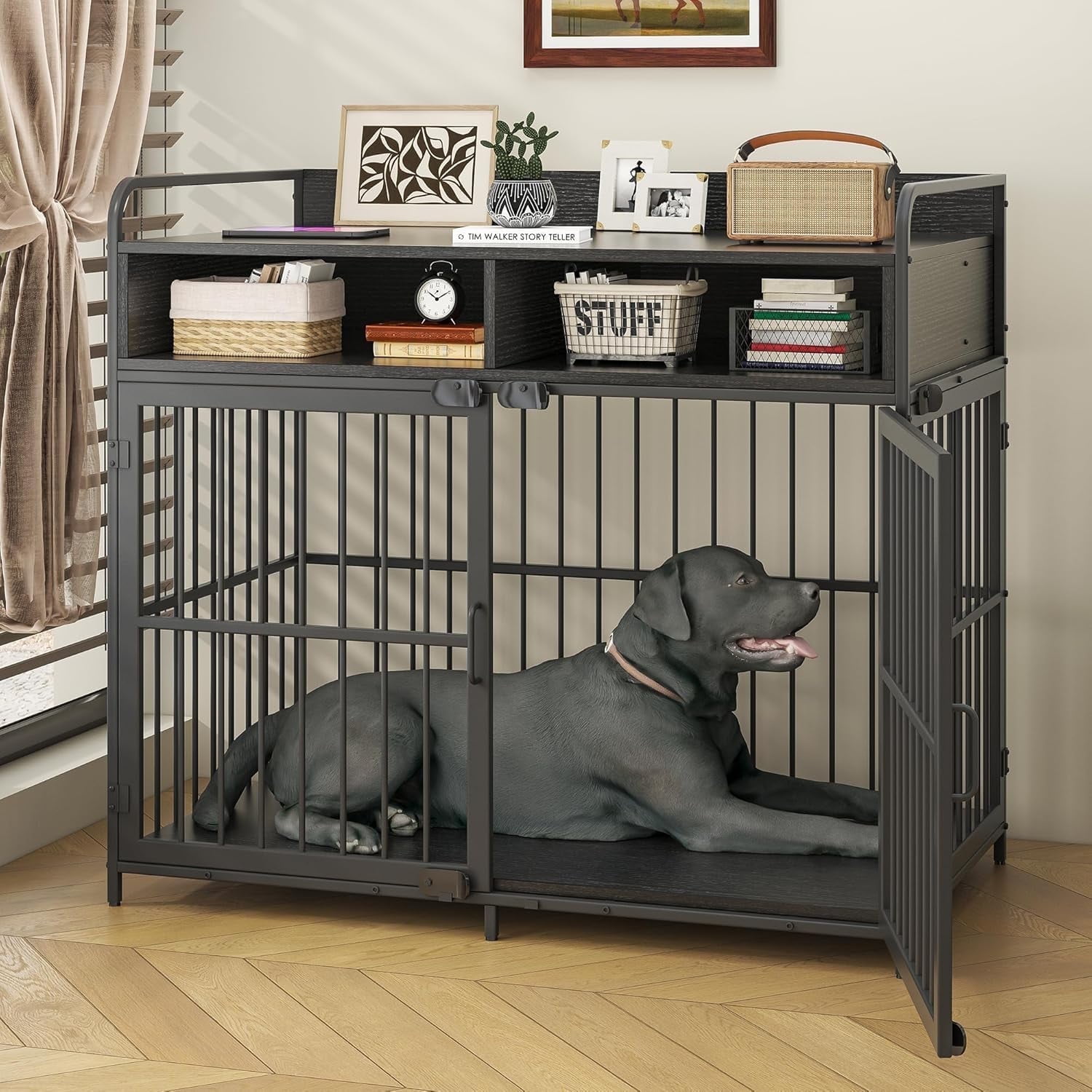 Large Furniture Dog Crate, Dog Kennel Indoor, Wood Dog Cage Table with Drawers Storage