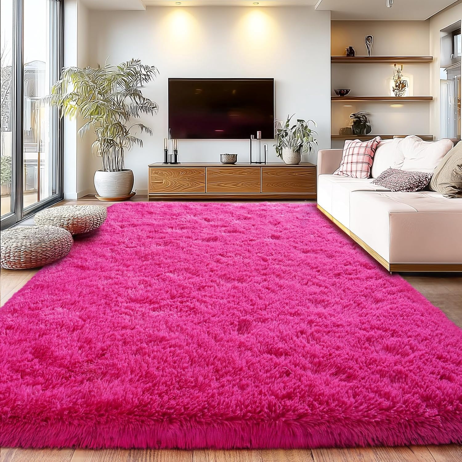 Fuzzy Colorful Rug Large Fuzzy Rug 8x10 Feet Hot Pink Fluffy Rug for Living Room, Big ...