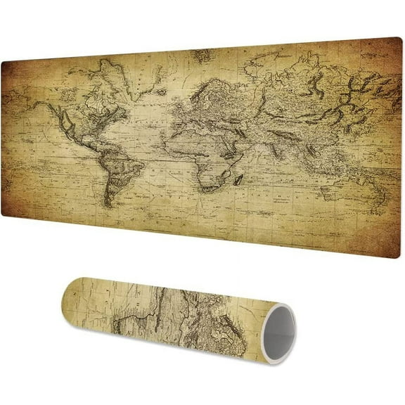Large Gaming Desk Pad, Waterproof PU Leather Desk Mat, Antique Art XXL Laptop Keyboard Mouse Pad, Brown Desk Cover Protector Home Office Décor, Extended Size 31.5" x 15.7" - Vintage World Map