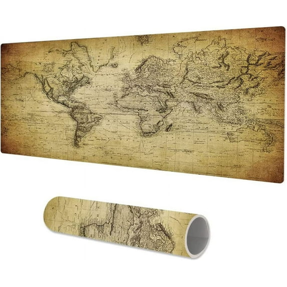 Large Gaming Desk Pad, Waterproof PU Leather Desk Mat, Antique Art XXL Laptop Keyboard Mouse Pad, Brown Desk Cover Protector Home Office Décor, Extended Size 31.5" x 15.7" - Vintage World Map