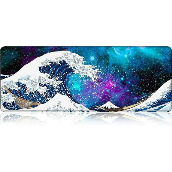 Large Gaming Mouse Mat/Pad with Non-Slip Rubber Base,Stitched Edge,Desk mat for Laptop,Computer & PC, Wristing Pad for Gamer,Office & Home,11.81''x31.50''x0.12'',Cool Galaxy and Japanese Great Wave